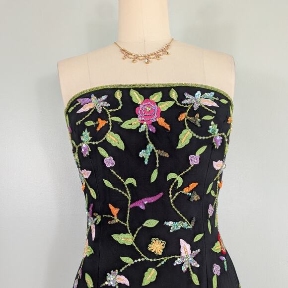Vintage Sean Collection Prom Dress Maxi Gown L Black Floral Y2K Silk Feminine - Picture 5 of 11